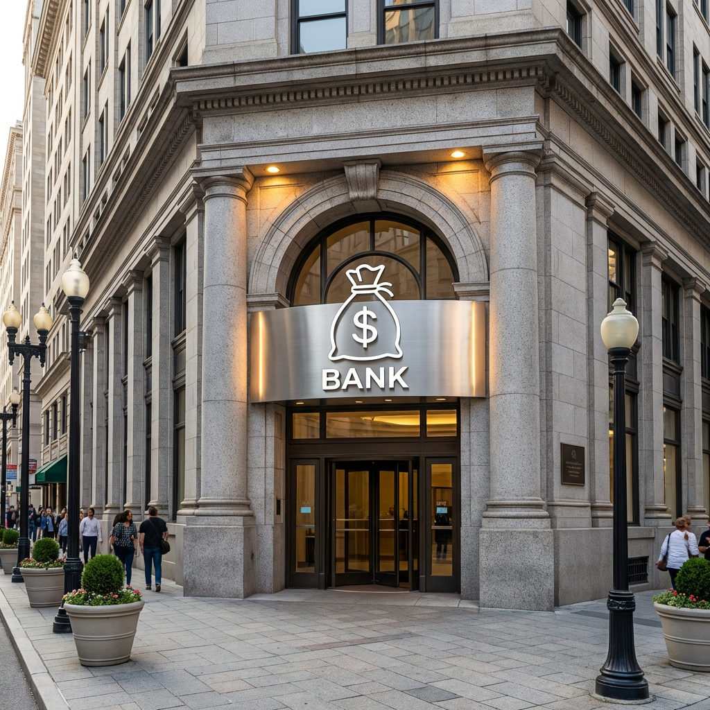 Neoclassical stone bank building corner with a sign reading BANK and a money bag icon.