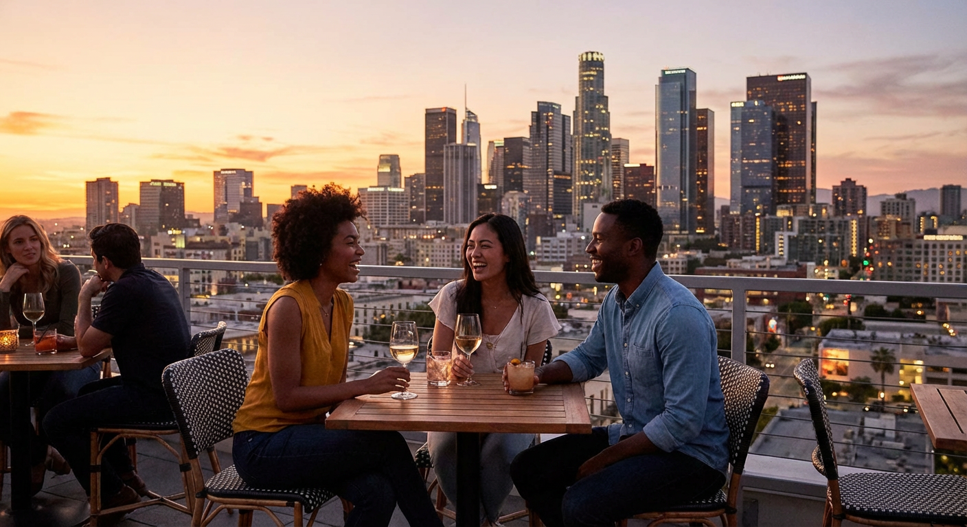 Friends laughing over drinks at a rooftop bar with a city skyline at sunset.