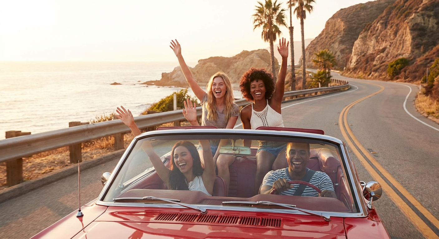 Four friends laughing and waving in a red convertible driving along a coastal highway.
