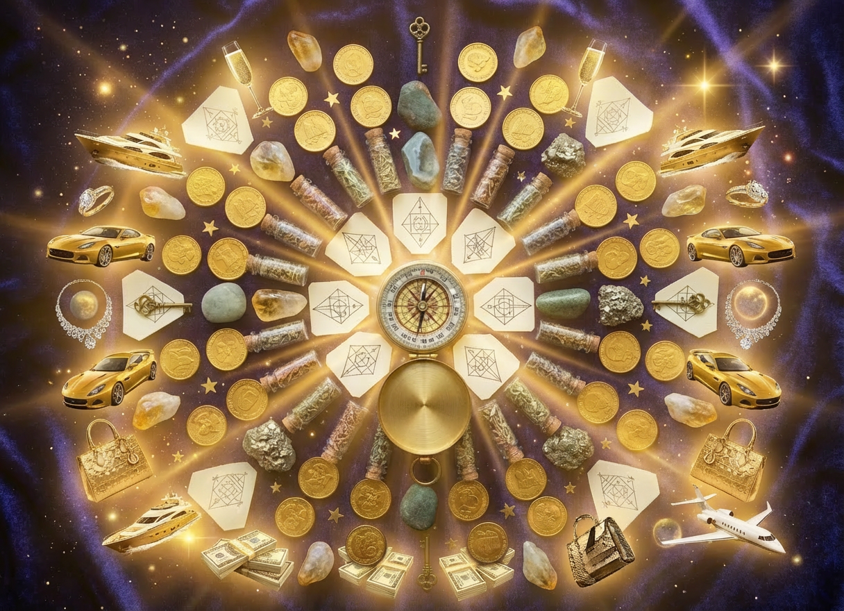 Circular arrangement of a compass, coins, crystals, and herb vials on dark blue velvet.