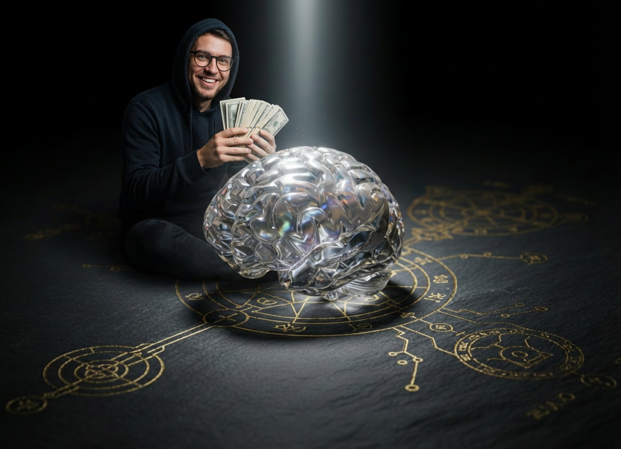 A man holding cash sits behind a large, translucent crystal brain on a dark floor.