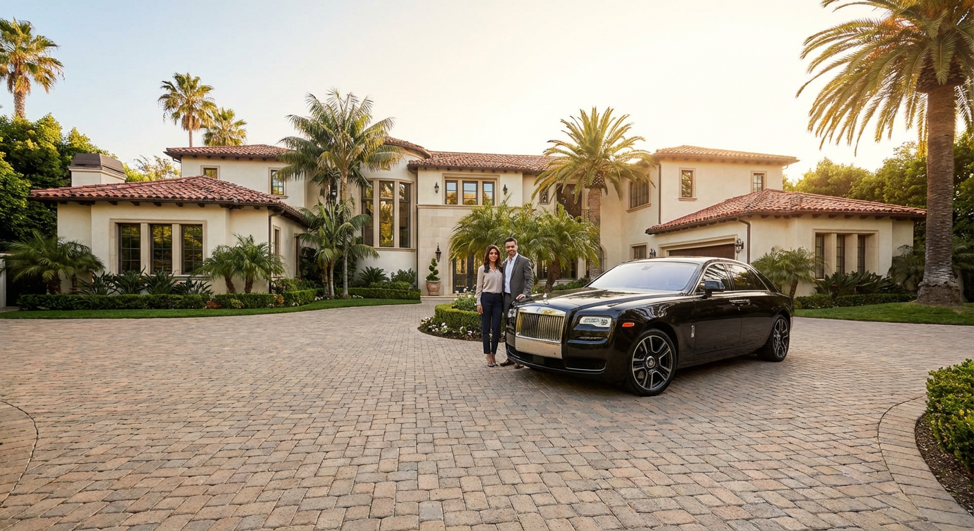 A couple standing next to a black luxury car in a grand paved driveway.