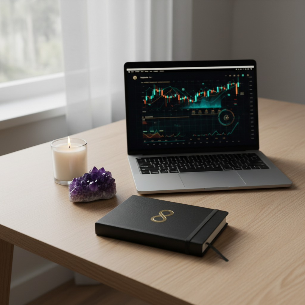 A meticulously arranged altar-like desktop featuring a matte black journal embossed with a subtle gold infinity symbol, a polished amethyst cluster, and a sleek silver laptop displaying glowing abstract charts. The surface is a smooth, pale oak table with a single white candle in a glass holder, its flame small but steady. Soft, diffused morning light enters from a large unseen window, wrapping the scene in a serene, focused glow. Shadows are gentle, edges crisp, photographed from a slightly elevated angle with balanced composition. The mood is intentional and aligned, merging spiritual tools with modern digital wealth creation in a clean, contemporary photographic style.