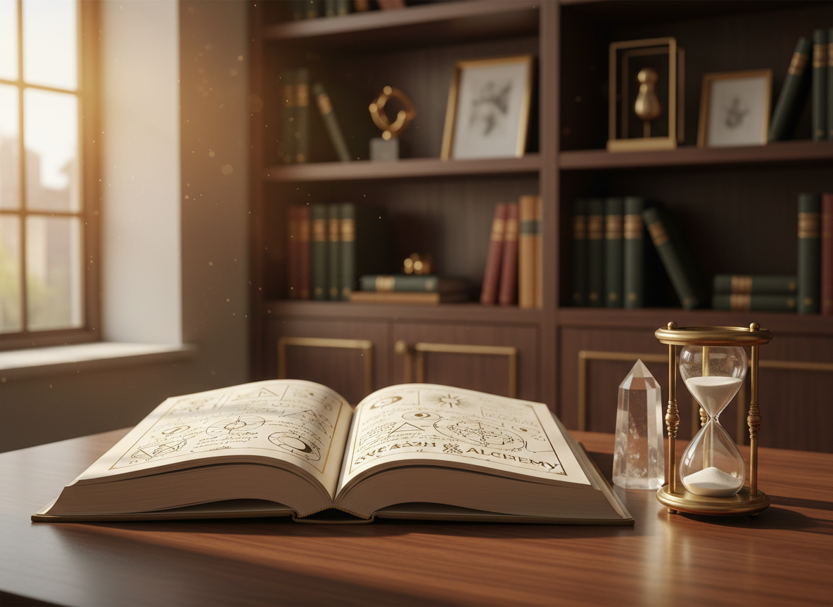 A heavy, open hardcover book titled “Wealth Alchemy” rests on a dark walnut desk, its thick cream pages filled with intricate gold geometric symbols and handwritten formulas for prosperity. Beside it, a clear quartz crystal and a vintage brass hourglass with fine white sand create a subtle triangle. In the background, out of focus, elegant bookshelves hold leather-bound journals and minimalist gold accents. Late afternoon golden light pours in from the left, catching metallic details and casting elongated shadows. Photographic realism, eye-level composition with shallow depth of field, creating a calm, contemplative mood that blends luxury, intellect, and mysticism, perfect for a wealth alchemy homepage hero image.