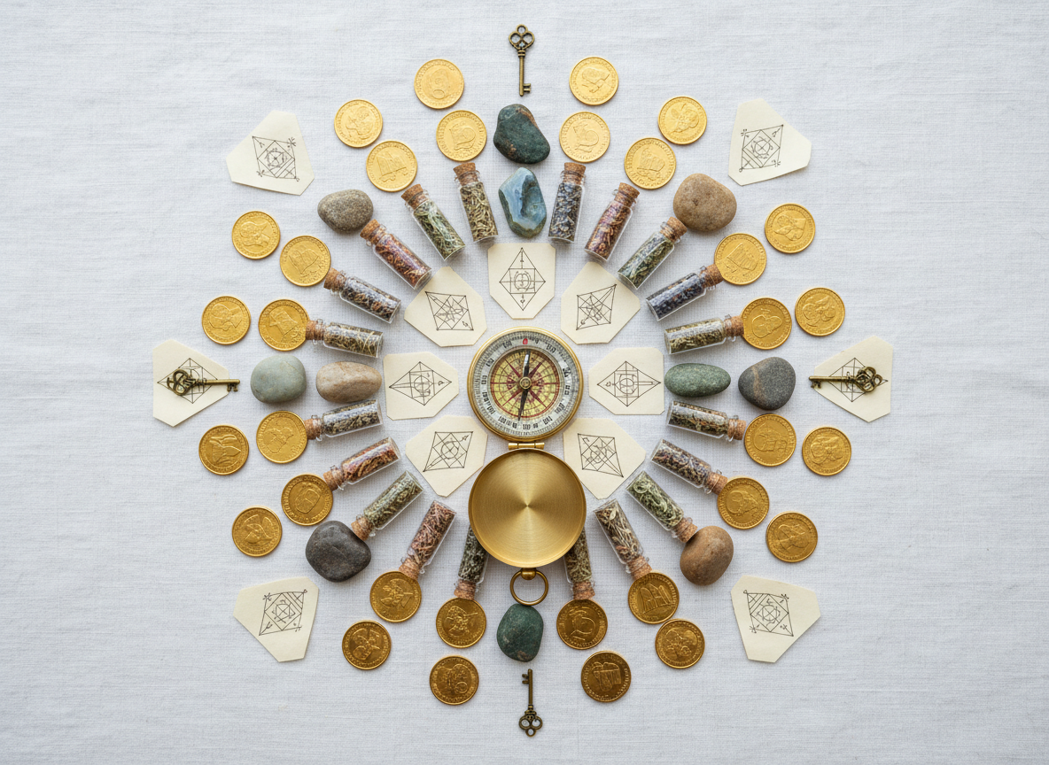 An overhead photographic view of a circular mandala composed entirely of wealth-related and mystical objects on a white linen backdrop: gold coins, tiny glass vials of herbs, polished stones, folded paper intentions, and small brass keys, all radiating outward in perfect symmetry from a central golden compass. Soft, even daylight creates no harsh shadows, making every texture—metallic, organic, and fabric—crisp and tactile. The composition is meticulously balanced and minimal in color, focusing on warm golds, soft whites, and natural earth tones. The mood is harmonious and sacred, visually capturing the idea of aligned, holistic prosperity rituals.
