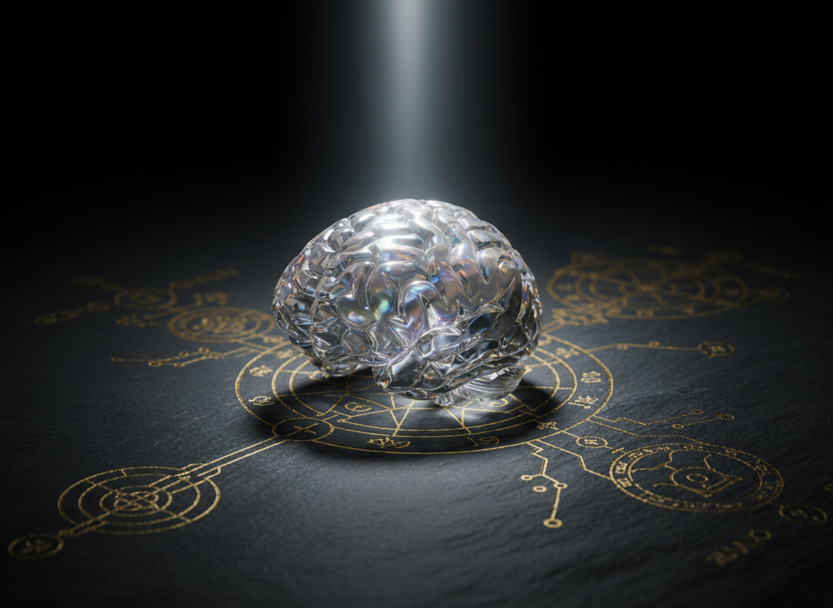 A close-up of a transparent human brain model made of faceted crystal, every ridge and fold glinting with subtle rainbow refractions, resting on a deep charcoal slate surface. Around it, thin gold lines inlaid into the slate form alchemical symbols and pathways leading outward like a sacred circuit board. A single narrow beam of cool white light from above highlights the top of the brain, fading into darker, velvety shadows at the edges. Photographic realism with a dramatic, cinematic feel, shot from a low, three-quarter angle. The atmosphere is mysterious, intelligent, and futuristic, representing the intersection of neuroscience, mindset, and spiritual wealth.
