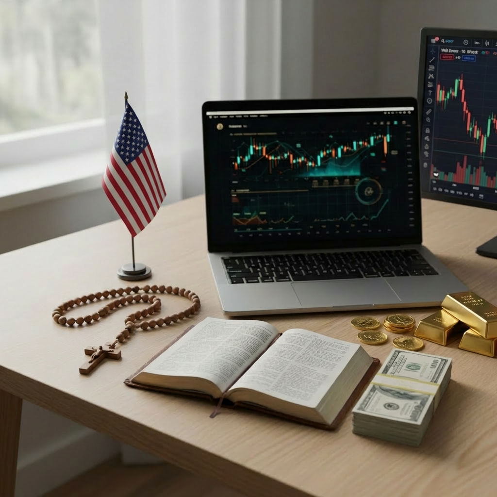 Trading setup with stock charts on a laptop, open book, cash, and gold bars.